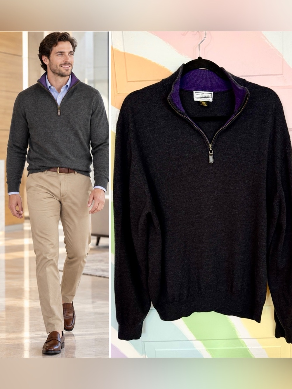 Onward Reserve Men’s Merino Wool Quarter Zip Sweater Charcoal Gray XL🧡🍄